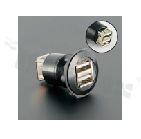 Gniazdo USB2.0; żeńskie; otwór montażowy 22mm; podłączenie na wtyk USB2.0 żeński; korpus czarny; stop aluminium.