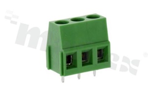 Listwa zaciskowa do PCB; w rastrze 5.00mm; 3-torowa; pionowa; na przewód 2.5mm2 (AWG24-12); ze śrubami na wkrętak płaski; klatka mosiężna; zielona; UL 300V/15A, TUV 250V/18A