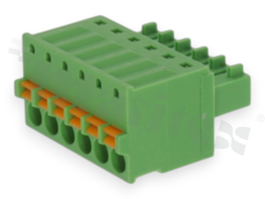 Pluggable terminal block; 3.50mm pitch; 6-ways; female; for wire 1.50mm2 (28-16AWG); wire insertion direction same as plug-in direction; p.bronze contacts; spring clamp; brass cage; UL 300/8A TUV 250/12A