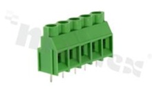 Listwa zaciskowa do PCB; w rastrze 7.62mm; 5-torowa; pionowa; na przewód  4.00mm2 (AWG 26-10); ze śrubami na wkrętak płaski; z ruchomą osłoną przewodu; klatka mosiężna; zielona; UL 300V/30A, TUV 630V/32A