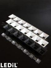 Lens for LED mid power; angle:35 degrees FWHM; Number of LEDs: 7 ; Dimensions: 280x40mm; Height: 20.3mm; meterial: PMMA; Fastening: pin; screw; clips