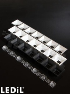 Lens for LED mid power; angle:35 degrees FWHM; Number of LEDs: 7 ; Dimensions: 280x40mm; Height: 20.3mm; meterial: PMMA; Fastening: pin; screw; clips