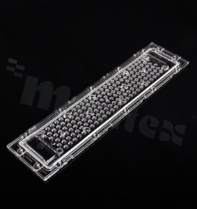 Soczewka do diod LED mid power; kąt rozsyłu: ok. 90 stopni FWHM; ilość diod: 120; rozmiar: 321x81mm; wysokość: 11mm; rodzaj materiału: PMMA; silikon; sposób mocowania: śruby