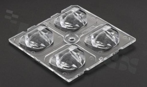 Lens for LED high power; mid power; angle: asymmetric; Number of LEDs: 4; Dimensions: 50x50mm; Height: 6mm; meterial: PMMA; Fastening: glue; pin; screw