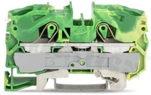 Złączka instalacyjna; 1-poziomowa; przelotowa; 2-zaciskowa na przewód 0.5-16.0mm2 (20-6AWG); ze stykiem sprężynowym; zielono-żółta; na szynę DIN; 600V/85A