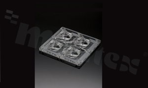 Lens for LED high power; COB; angle: asymmetric; Number of LEDs: 4; Dimensions: 90x90mm; Height: 13.2mm; meterial: PMMA; silicone; Fastening: screw