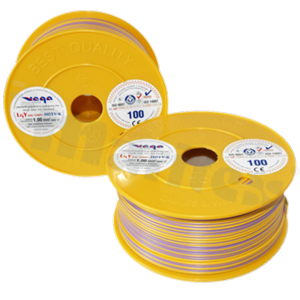 Przewód pojedynczy LGY/H05V-K; z wielodrutową miedzianą żyłą; żółty/fioletowy; przekrój 1.00mm2; AWG 17; 500V; -40+105 st.C; 100m.