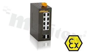 Switch przemysłowy niezarządzalny; certyfikat ATEX; 2 porty 1000Base-X SFP; 2 porty 10/100/1000Base-T(X) RJ45; 6 portów 10/100Base-T(X) RJ45; temp. pracy: -40+75 st.C; zasilanie 12...48VDC/18...30VAC; montaż na szynie DIN; obudowa metal