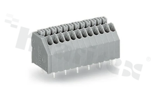 Listwa zaciskowa do PCB; w rastrze 2.50mm; 3-torowa; skośne wejście przewodu; na przewód 0.14-0.50mm2 (24-20 AWG); ze stykiem sprężynowym; szara; UL: 300V/5A