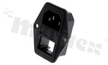 Connector: AC supply with space for rocker switch; male; straight; for panel-screw; terminals 4.8x0.8mm; fuse size 5,2x20mm (additionally equipped); fusedrawer included; 10A/250VAC