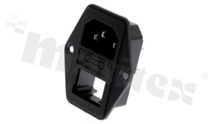 Złącze zasilające AC; z miejscem na przełączniki rocker; męskie; proste; na panel- śruba; konektory 4.8x0.8mm; bezpiecznik 5,2x20mm (możliwość doposażenia); szufladka bezpiecznika w zestawie; 10A/250VAC