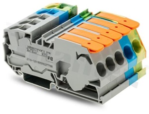 Złączka instalacyjna na szynę din; zestaw do układów trójfazowych:szara/niebieska/żółto-zielona; z dźwignią; ze stykiem sprężynowym; 0,5-16mm2; 800V/76A