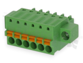 Pluggable terminal block; 3.50mm pitch; 6-ways; female; for wire 1.50mm2 (28-16AWG); wire insertion direction same as plug-in direction;  with fixing screw; p.bronze contacts; spring clamp; brass cage; UL 300/8A TUV 250/12A