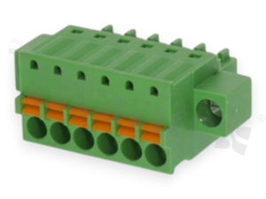 Pluggable terminal block; 3.50mm pitch; 6-ways; female; for wire 1.50mm2 (28-16AWG); wire insertion direction same as plug-in direction;  with fixing screw; p.bronze contacts; spring clamp; brass cage; UL 300/8A TUV 250/12A