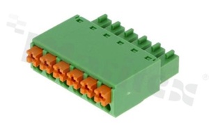 Listwa zaciskowa rozłączalna; w rastrze 3.81mm; 6-torowa; żeńska; na przewód 0.2-1.00mm2 (28-16AWG); kierunek wtykania prostopadły do osi przewodów; z zaciskiem sprężynowym; styki z fosforobrązu; mosiężna klatka; UL 300V/8A