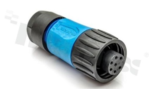 Wtyk ECOMATE seria C016; 7-stykowy (6+PE); żeński; prosty; 12A; 250V; kabel: max.0.75mm2( AWG18); styki złocone; lutowane; kolor: czarno-niebieski; IP67