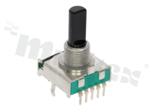 Miniaturowy przełącznik obrotowy; jednosekcyjny; 6-pozycyjny; otwór montażowy M9?×?0,75; wyprowadzenie na PCB; stal; wałek 6?mm; przełączanie typu BBM (non-shorting); 0,3?A/16?V?DC