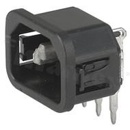 Złącze zasilające AC IEC 60320 C14, klasa ochronności I; montaż: do panela 1mm, zatrzaskowe; wyprowadzenia do PCB; kolor czarny; IP30; 10A, 250VAC