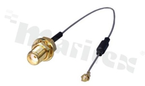 Kabel antenowy; przejściowy; koncentryczny RG1.13; zakończony żeńskim wtykiem IPX (U.FL) i gniazdem żeńskim SMA; kabel o długości 105mm; z filtrem EMI Z<sub>25MHz</sub>=49Ω Z<sub>100MHz</sub>=72Ω