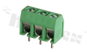 Listwa zaciskowa do PCB; w rastrze 5.00mm; 3-torowa; pionowa; na przewód 1.5mm2 (AWG 26-14); ze śrubami na wkrętak płaski; klatka mosiężna; zielona; UL 300V/20A, TUV 250V/17.5A