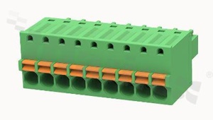 Pluggable terminal block; 3.81mm pitch; 9-ways; female; for wire 1.50mm2 (28-16AWG); wire insertion direction same as plug-in direction; p.bronze contacts; spring clamp; brass cage; UL 300/8A TUV 250/12A