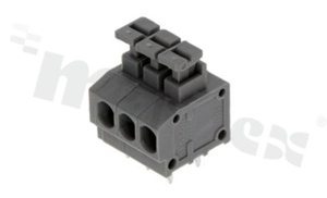 Listwa zaciskowa do PCB; w rastrze 3.81mm; 3-torowa; poziome wejście przewodu; na przewód 1.5mm2 (AWG 20-18); ze stykiem sprężynowym; szara; UL 300V/5A, IEC 250V/10A
