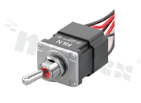Wired toggle switch; 3-position ON-OFF-(ON); DPDT; 25.9 x 31.8mm; wired connection; round metal lever; 16A/250V; IP67; UL 61058-1.
