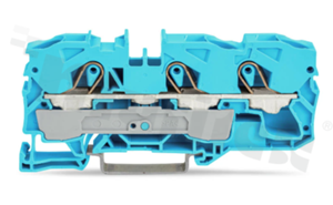 Złączka instalacyjna; 1-poziomowa; przelotowa; 3-zaciskowa na przewód 0.5-16.0mm2 (20-6AWG); ze stykiem sprężynowym; niebieska; na szynę DIN; 600V/65A