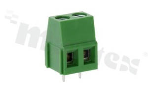Listwa zaciskowa do PCB; w rastrze 5.00mm; 2-torowa; pionowa; na przewód 2.5mm2 (AWG24-12); ze śrubami na wkrętak płaski; klatka mosiężna; zielona; UL 300V/15A, TUV 250V/18A