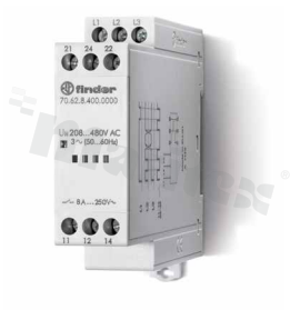 Przekaźnik nadzoru napięcia; sieć trójfazowa (208-480VAC); 2 styki przełączne 8A DPDT; napięcie cewki 400VAC; moc cewki 11VA; 8A/250VAC; montaż: zaciski śrubowe, na szynę DIN