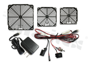 Fan air flow monitor; AFM kit with AFM-01NC, clip, plastic fan guards, buzzer, LED & holder, switch, and power supply.