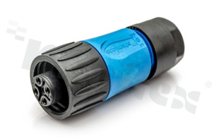 Wtyk ECOMATE seria C016, 4-stykowy (3+PE), żeński, prosty, 16A, 400V, kabel: 0.75-2.5mm2( AWG18-14), styki srebrzone, skręcane, kolor: czarno-niebieski, IP67