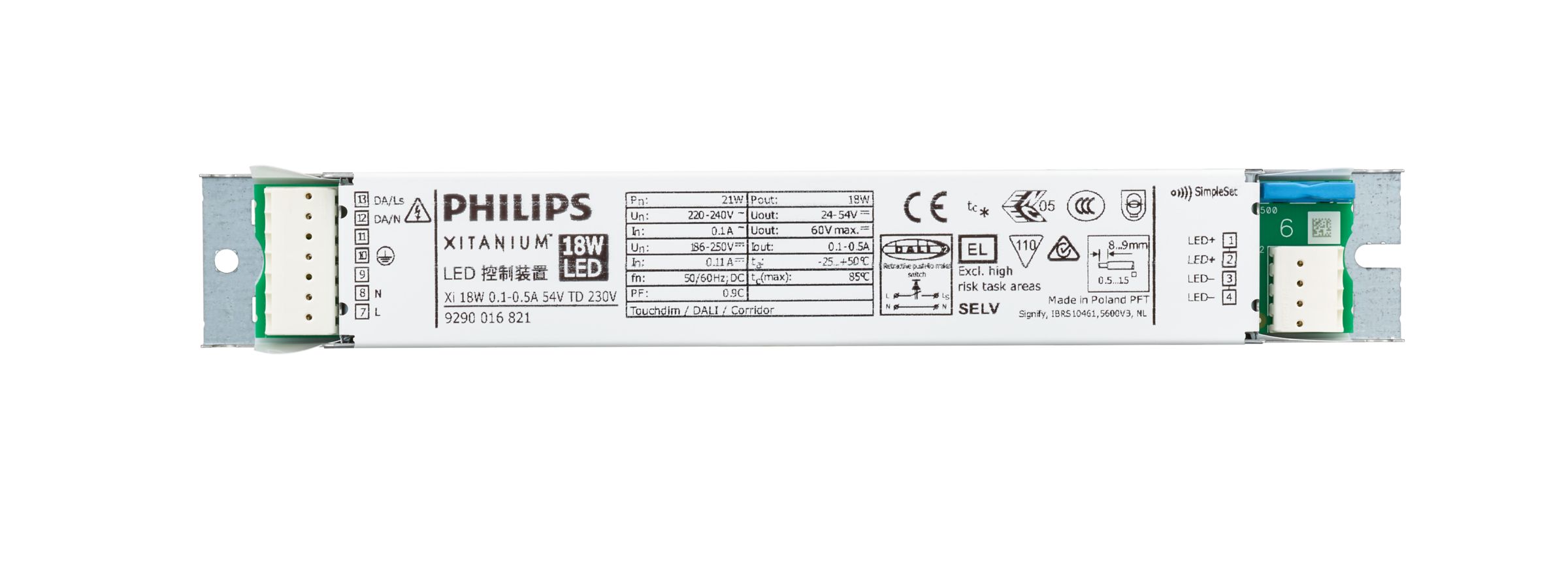 Power supply; LED; DALI; 18W; 24-54V; 0.1-0.5A; 220-240VAC; 186-250VDC; IP20