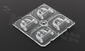 Lens for LED high power; angle: asymmetric; Number of LEDs: 4; Dimensions: 50x50mm; Height: 6mm; meterial: PC; Fastening: pin; screw