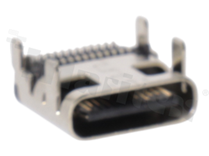 USB-Type C, 24 circuits socket SMT, stainless steel nickel plated shell, DIP top mount; right angle, gold plated contacts; 5A