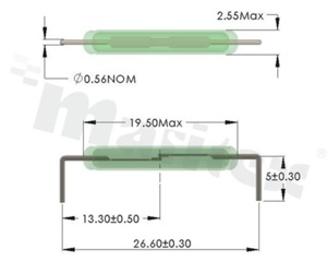 Reed Switch for Line Voltage switching RS-LV1925, Operate Band: 20-30AT, Switching Current (max): 0,5A, Corresponding Wattage: 60W/VA, Dimensions: FI2,55x19,50mm, Horizontal Mount