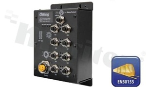 Switch przemysłowy kolejowy; Gigabit; niezarządzalny; norma kolejowa EN50155; 8 portów 10/100/500/1000Base-T(X); baypass; złącza M12; temp. pracy: -40+75 st.C; zasilanie redundantne 72/110VDC