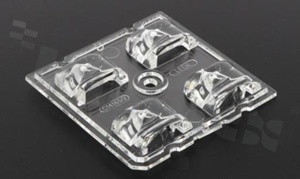 Lens for LED high power; angle: asymmetric; Number of LEDs: 4; Dimensions: 50x50mm; Height: 7mm; meterial: PMMA; Fastening: pin; screw