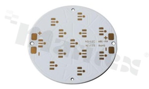 MCPCB, thermal conductivity 1.5W/(m*K), thickness: 1.6mm, number of layers - 1, white soldermask, legend color: colorless, size: diameter 81mm, pad cover: gold; for MX3/MX6 LEDs, /12