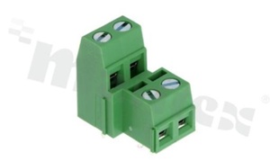 Listwa zaciskowa do PCB; w rastrze 5.08mm; 4-torowa(2+2); pionowa; na przewód 0.5-1.50mm2 (AWG 26-14); z ruchoma osłoną przewodu; ze śrubami na wkrętak płaski; klatka mosiężna; zielona; UL 300V/12A, TUV 250V/15A