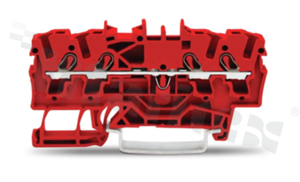 Złączka instalacyjna; 1-poziomowa; przelotowa; 4-zaciskowa na przewód 0.25-4.0mm2 (22-12AWG); ze stykiem sprężynowym; czerwona; na szynę DIN; 600V/20A
