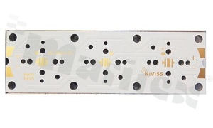 MCPCB, thermal conductivity 2W/(m*K), thickness: 2mm, number of layers - 1, black soldermask, legend color: gold, size: rectangle 25x80mm, pad cover: gold; for XP leds, /10