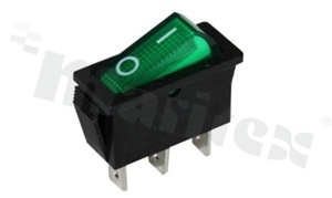 Rocker Switch; 1-pole; 2 positions; 32x10.5mm; pin terminals; green button; 15A/250V