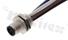 Gniazdo M12; kodowanie S; 4-stykowe; męskie; 12A; na panel; nakrętka z tyłu; z przewodem o długości 15cm; IP68