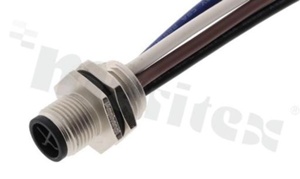 Gniazdo M12; kodowanie S; 4-stykowe; męskie; 12A; na panel; nakrętka z tyłu; z przewodem o długości 15cm; IP68