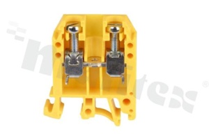 Złączka szynowa; 1-poziomowa; 2-zaciskowa na przewód 0,5-10,0mm2; zacisk śrubowy; żółta; na szyne DIN; 1000V/57A