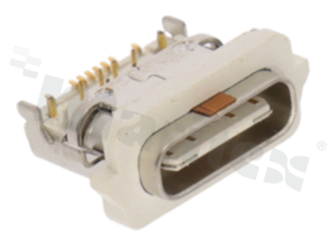 USB-Type C, 16 circuits socket SMT, double stainless steel nickel plated shell, DIP top mount; right angle, gold plated contacts; 5A