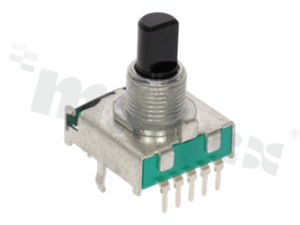 Miniaturowy przełącznik obrotowy; jednosekcyjny; 4-pozycyjny; otwór montażowy: gwint M9?×?0,75; wyprowadzenie na PCB; stal; wałek 6?mm; przełączanie typu BBM (non-shorting); 0,3?A/16?V?DC