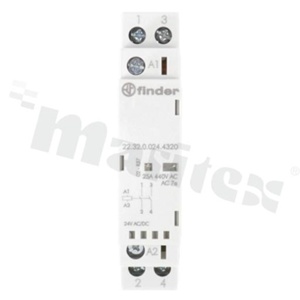 Stycznik instalacyjny; znamionowy prąd pracy 25A; napięcie cewki 24 VAC/DC; 2 zestyki zwierne (DPST); mechaniczny wskaźnik zadziałania + LED