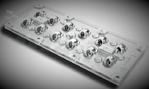 Lens for LED high power; angle: oval 150 x 68 degrees ; Number of LEDs: 12; Dimensions: 173x71.4mm; Height: 9.08mm; material: PMMA; Fastening: screw